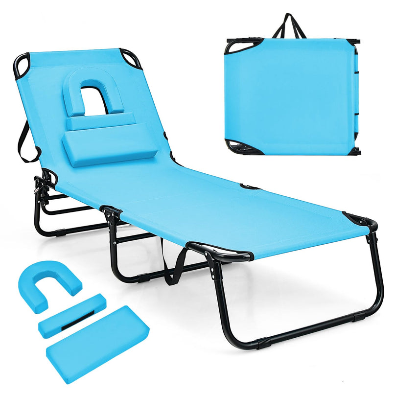 Giantex Folding Beach Tanning Chair - Adjustable Patio Lounge Chair w/Face Hole, Removable Pillows, Carry Strap