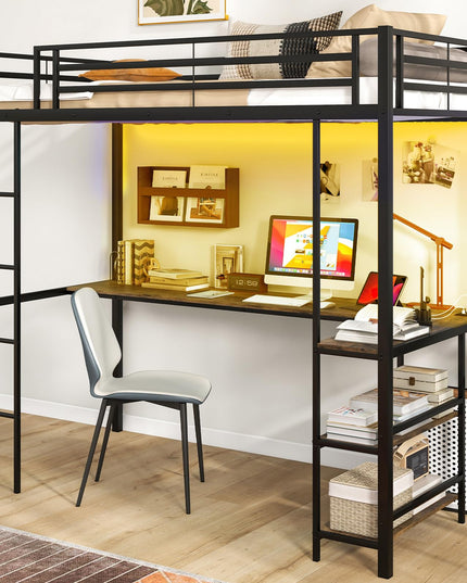 Giantex Twin Loft Bed with L-Shaped Desk, Metal Loft Bed Frame with LED Lights