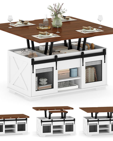 Table basse relevable de style rustique Giantex avec 2 portes coulissantes de grange et 3 compartiments de rangement cachés