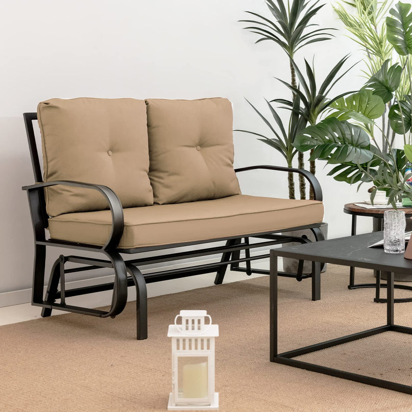 Giantex 2 Seats Glider Bench for Outside, Patio Glider Porch Loveseat w/Cushions & Powder Coated Steel Frame