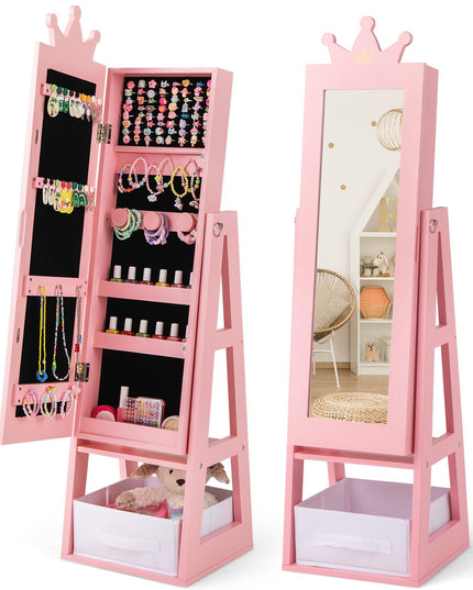 CHARMAID Kids Mirror Jewelry Cabinet - 45.5'' Standing Jewelry Armoire with Full Length Mirror