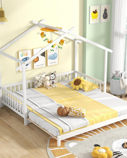 Giantex Extendable House Bed for Kids, Twin to King Daybed with Roof & Fence Rails, Wood Kids Bed Frame for Teens