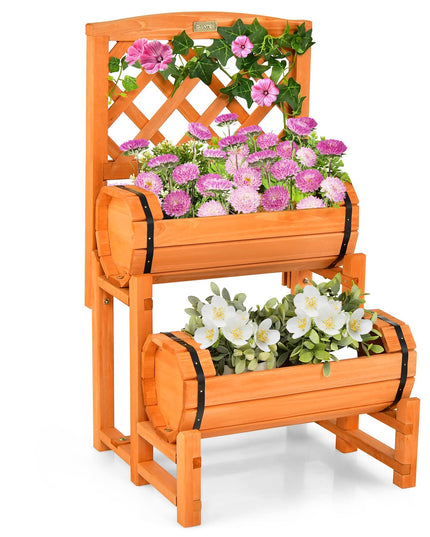 Giantex Raised Garden Bed with 2 Barrel Planters & Trellis, 2-Tier Freestanding Wooden Raised Bed for Vegetable Flower Fruit