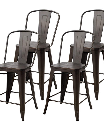 Giantex Tolix Style Dining Stools with Wood Seat and Backrest, Industrial Metal Counter Height Stool