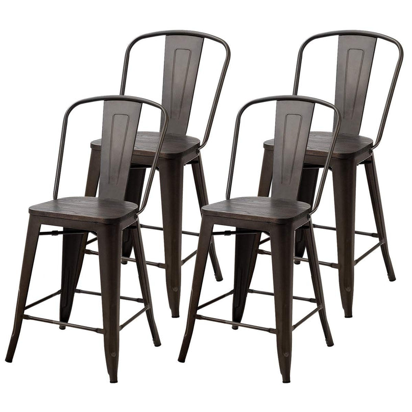 Giantex Tolix Style Dining Stools with Wood Seat and Backrest, Industrial Metal Counter Height Stool