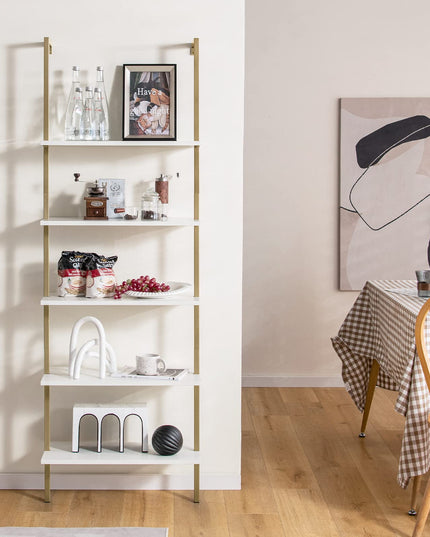 Giantex 5 Tier Modern Wall Mounted Bookshelf, 71'' White and Gold Wood Bookcase with Steel Frame
