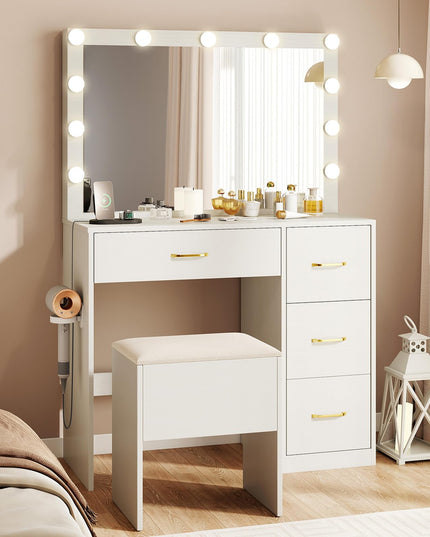 CHARMAID White Vanity Desk with Mirror and Lights | Modern Bedroom Dressing Table