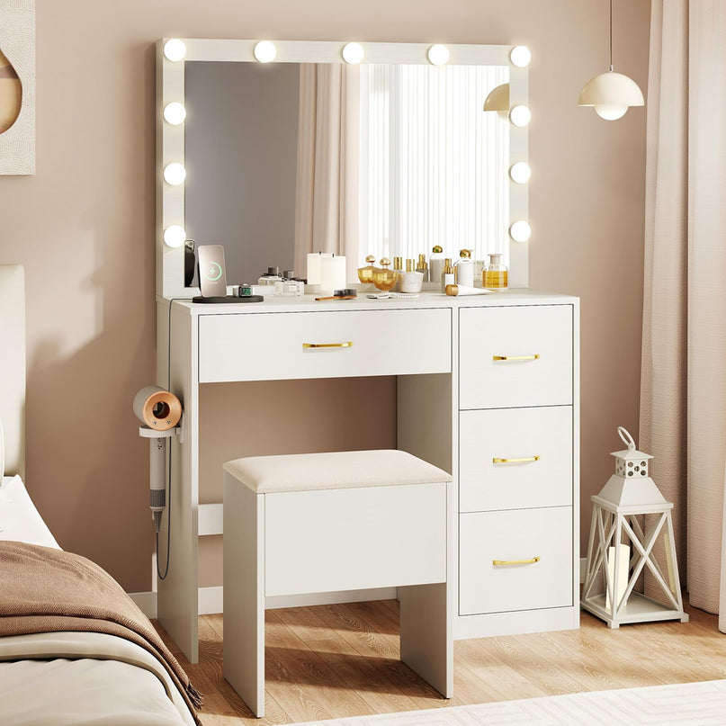 CHARMAID White Vanity Desk with Mirror and Lights | Modern Bedroom Dressing Table