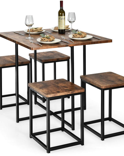 5 Piece Dining Table Set, Dining Set for 4 with Square Stools, Walnut & Black