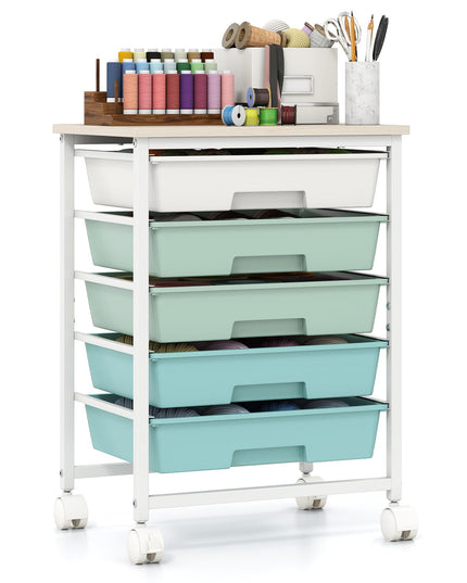 Giantex 5 Drawers Rolling Cart with Wheels Wood Top Sturdy Frame