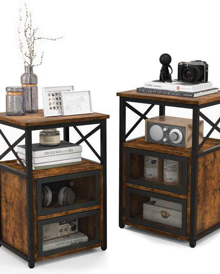 Giantex Modern Nightstand Set of 2, Industrial End Side Table with 2 Mesh Flip Drawers,Rustic Brown