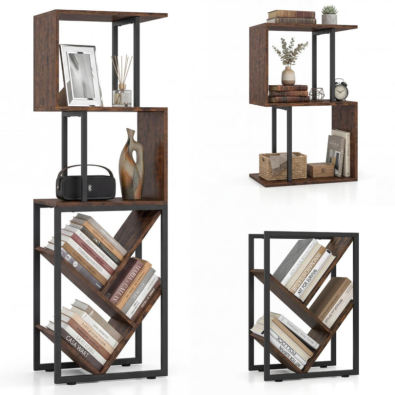 Giantex 6-Tier Industrial S-Shaped Geometric Bookcase with Open Display Shelves
