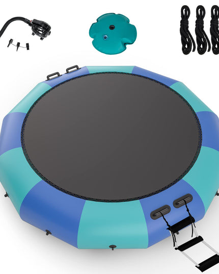 Giantex 10Ft 12Ft 15Ft Inflatable Water Trampoline, Floating Rebounder Trampoline with 500W Blower and 3-Step Rope Ladder