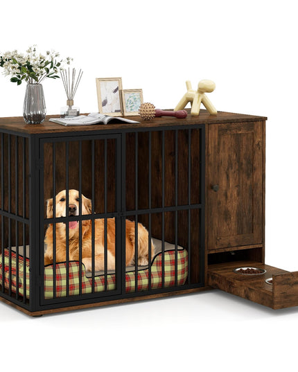 Meuble cage pour chien Giantex 47,5" avec tiroir d'alimentation dissimulé et meuble de rangement latéral