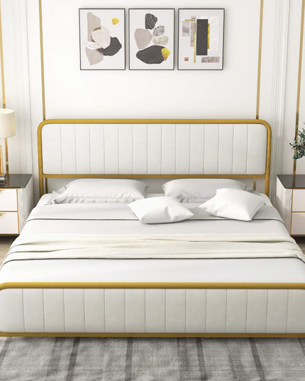 Giantex Twin Size Gold Bed Frame with Velvet Headboard and Footboard, Heavy-duty Metal Slats Support Mattress Foundation