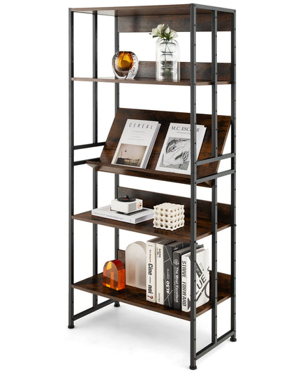 Giantex 5-Tier Industrial Bookshelf Rustic Brown - Metal Frame 61" Tall