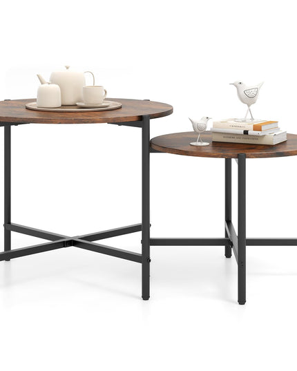 Giantex Round Coffee Table Set of 2, Nesting Tables with Metal Frame, Imitated Wood Grain Top