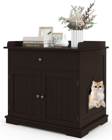 Giantex Cat Litter Box Enclosure - Cat Washroom Hidden Furniture with Large Drawer