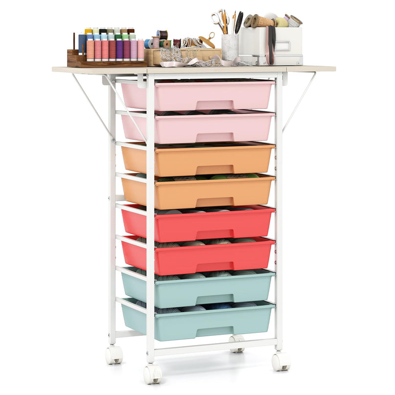 Giantex 8 Drawers Rolling Cart with Wheels Folding Wood Top