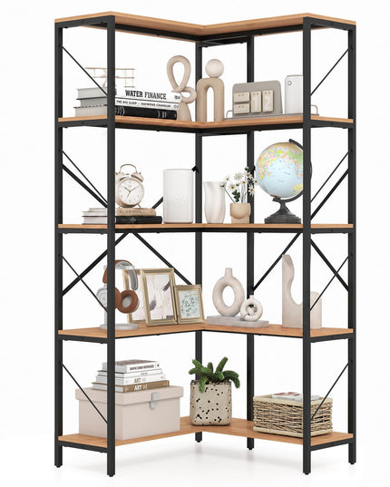 GIANTEX 5-Tier Corner Bookshelf | L-Shaped Large Bookcase with Metal Frame