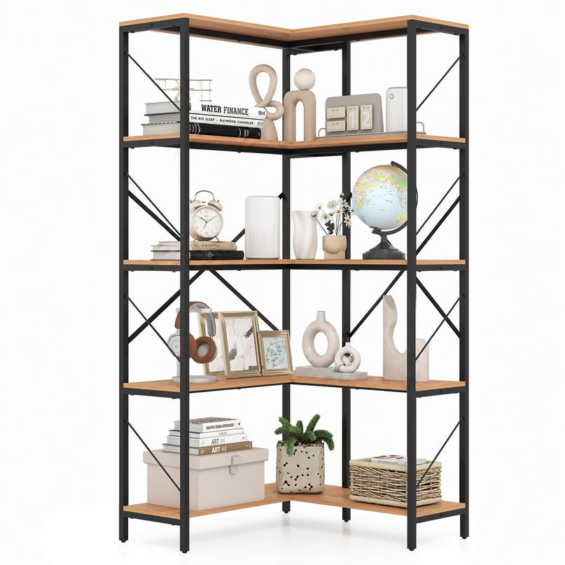 GIANTEX 5-Tier Corner Bookshelf | L-Shaped Large Bookcase with Metal Frame