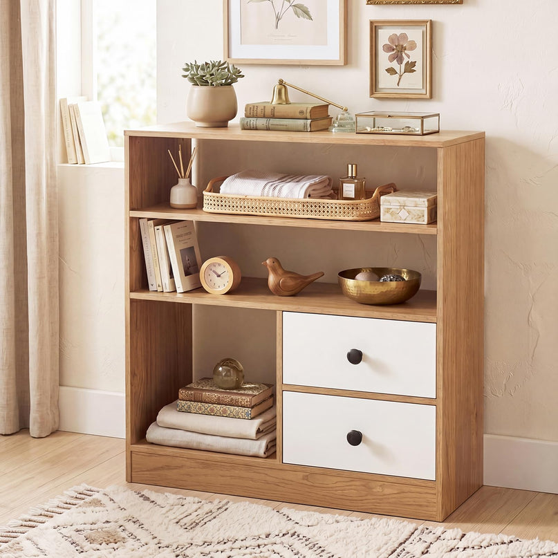 Giantex 4-Tier Bookshelf w/3 Open Compartments & 2 Detachable Fabric Drawers