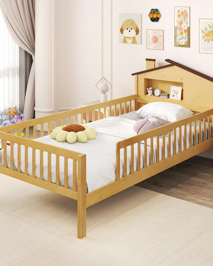 Giantex Twin Bed Frames for Kids, Solid Wood Montessori Bed with House-Shaped Headboard & Built-in Storage Shelf
