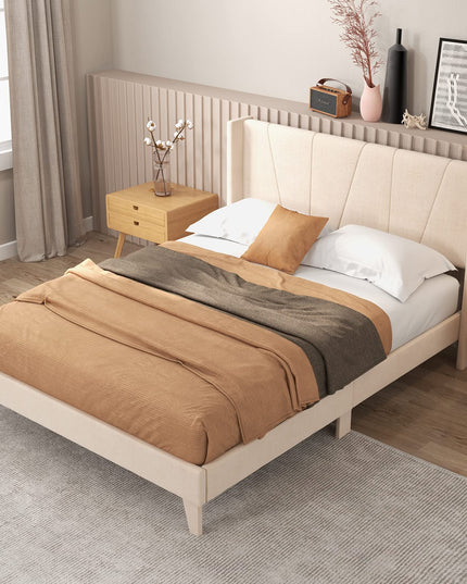 Giantex Queen/Full Bed Frame with Geometric Wingback Headboard, Modern Beige Bed