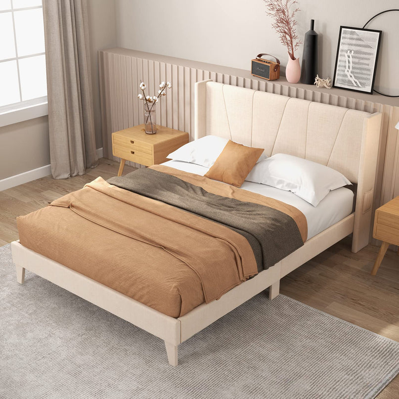 Giantex Queen/Full Bed Frame with Geometric Wingback Headboard, Modern Beige Bed