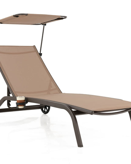 Giantex Outdoor Chaise Lounge Chair, Tanning Chair with Sunshade and Smooth Wheels, 6-Level Adjustable Position