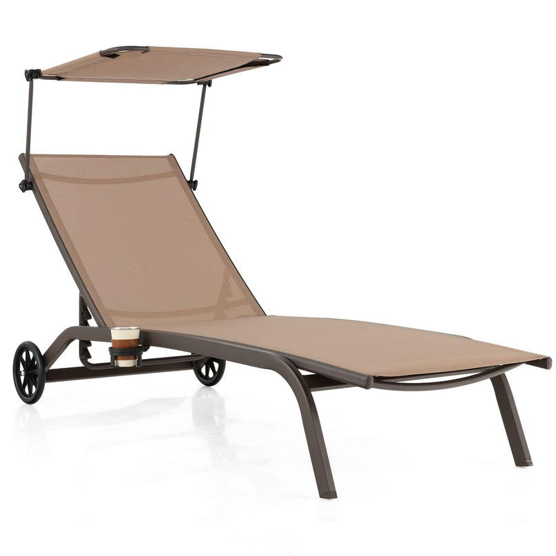Giantex Outdoor Chaise Lounge Chair, Tanning Chair with Sunshade and Smooth Wheels, 6-Level Adjustable Position