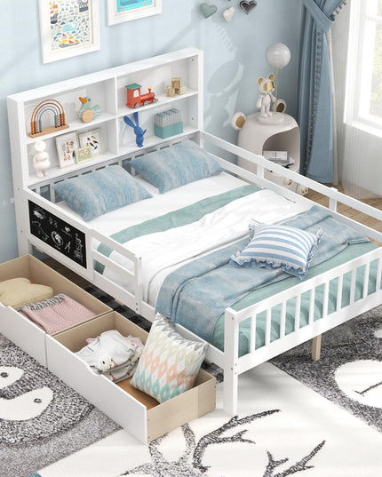 Giantex 2 Storage Drawers, Solid Wood Kids Bed Frame w/Bookcase Headboard & Blackboard