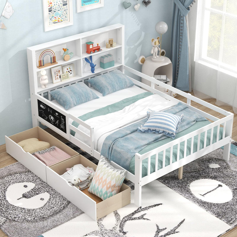 Giantex 2 Storage Drawers, Solid Wood Kids Bed Frame w/Bookcase Headboard & Blackboard
