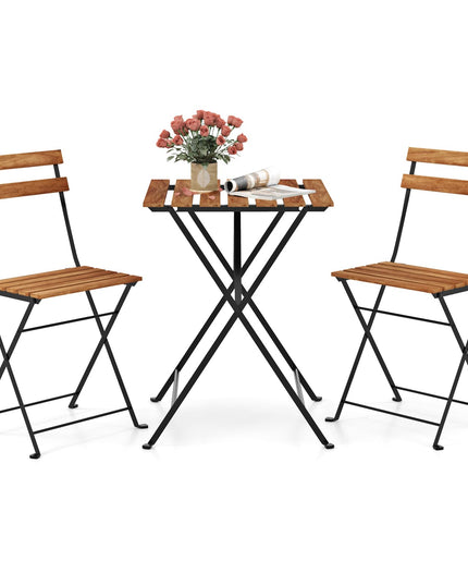 Giantex 3-Piece Acacia Wood Bistro Set with 2 Folding Chairs, Slatted Seat & Tabletop