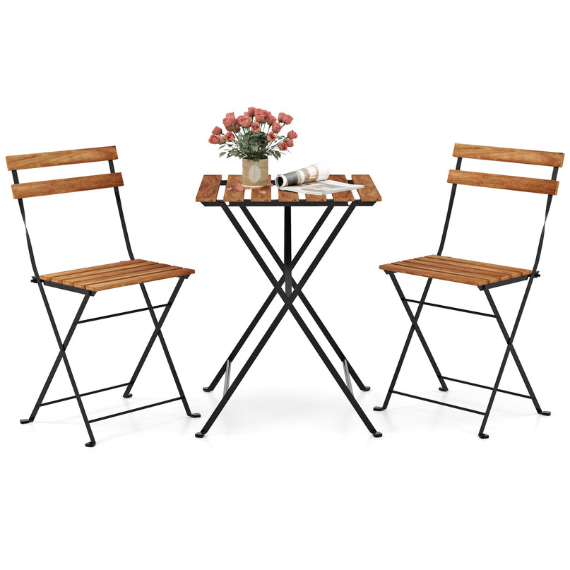 Giantex 3-Piece Acacia Wood Bistro Set with 2 Folding Chairs, Slatted Seat & Tabletop