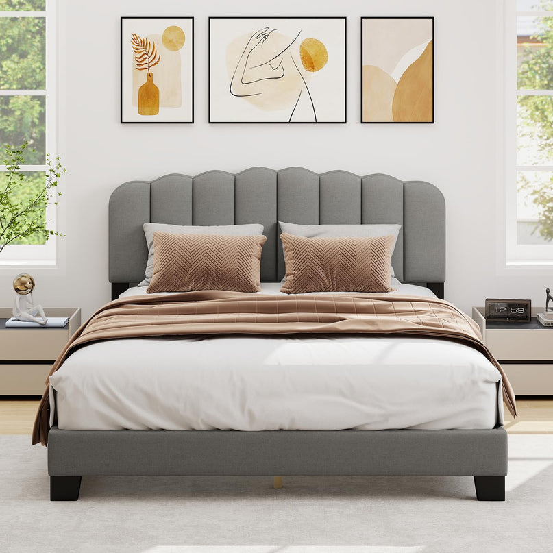 Giantex Queen Bed Frame with Adjustable Scalloped Tufted Headboard