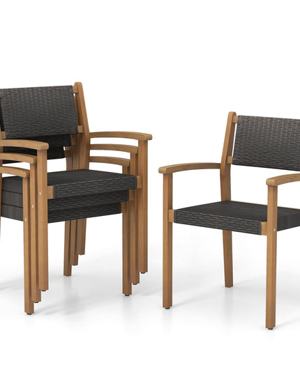 Giantex Stackable Outdoor Wicker Dining Chair Set, Rattan Armchairs w/Acacia Wood Frame