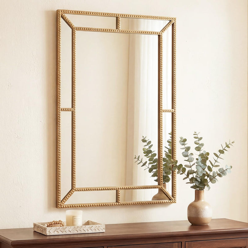 CHARMAID Gold Beaded Wall Mirror | Decorative Vanity Mirrors for Bathroom