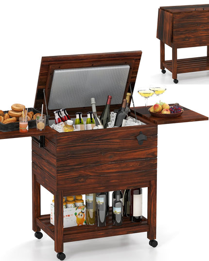 Giantex 54QT Wooden Patio Cooler Cart with Wheels Insulated Rolling Ice Chest with Drain