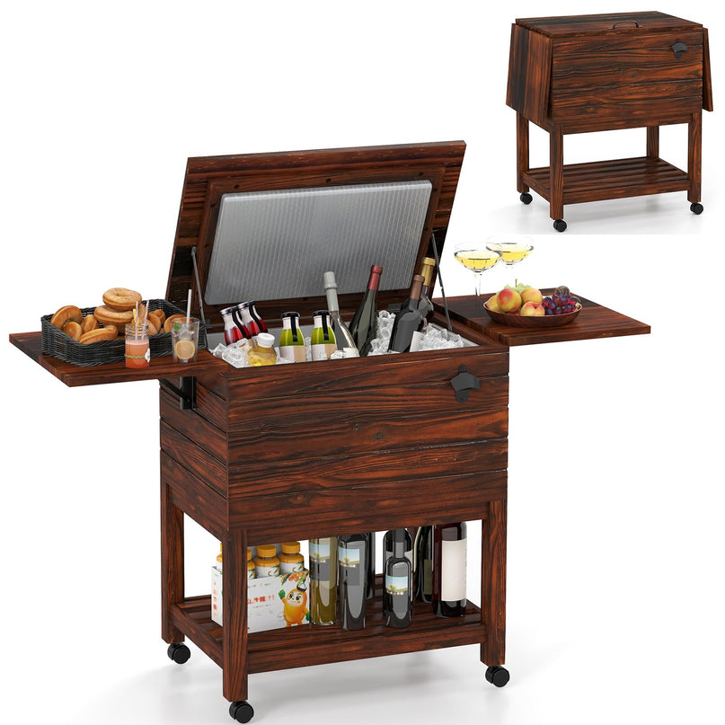 Giantex 54QT Wooden Patio Cooler Cart with Wheels Insulated Rolling Ice Chest with Drain