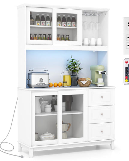 Giantex 73" Kitchen Pantry Storage Cabinet, Hutch Cabinet with LED Lights & Power Outlet, Kitchen Buffet Cabinet w/Wine Glass Racks