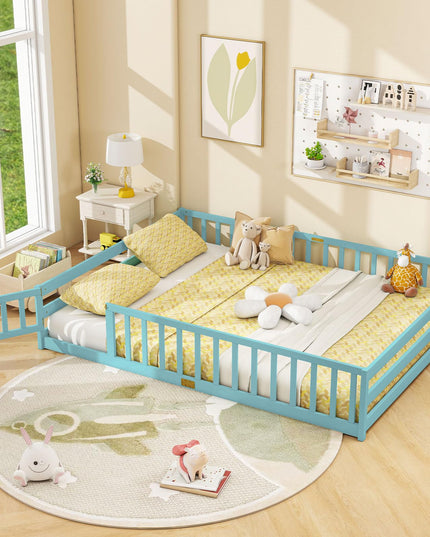 Giantex  Floor Bed with Door & Fence Kids Wood Montessori Bed