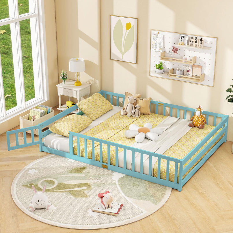 Giantex  Floor Bed with Door & Fence Kids Wood Montessori Bed