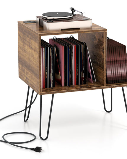 Giantex Record Player Stand with Charging Station, Turntable Stand with Vinyl Divider & Display Shelf