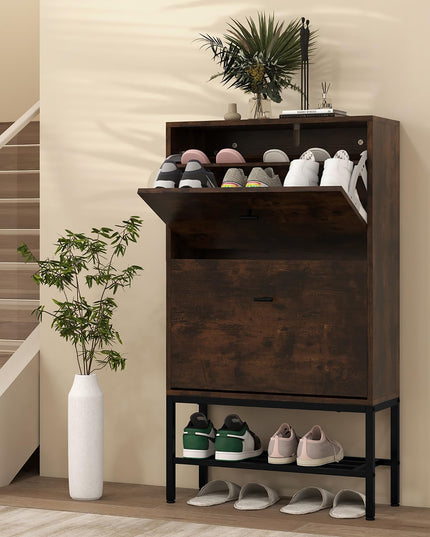 Giantex Shoe Storage Cabinet - Hidden Shoe Organizer with 2 Flip Drawers, Adjustable & Removable Interior Shelves