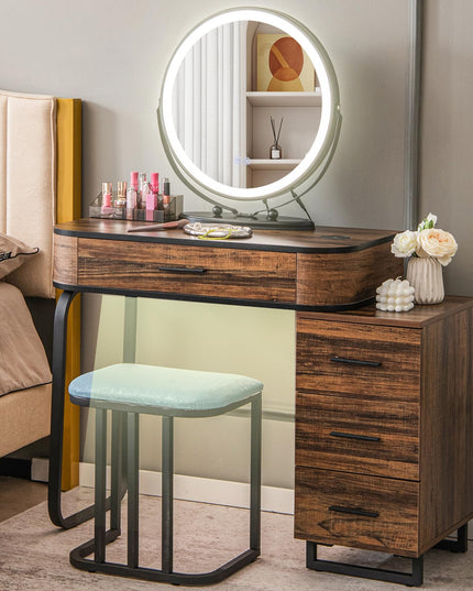 CHARMAID Makeup Vanity Table with Lights, Vanity Desk with 3 Color Lighted Mirror, Rustic Brown