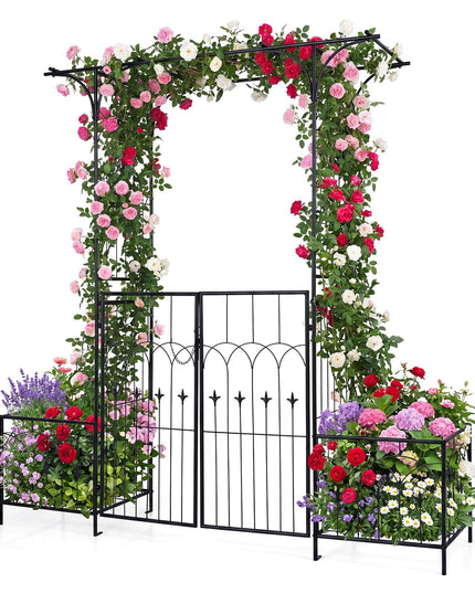 Giantex 79" W x 81" H Metal Garden Arbor with Gate and Planter