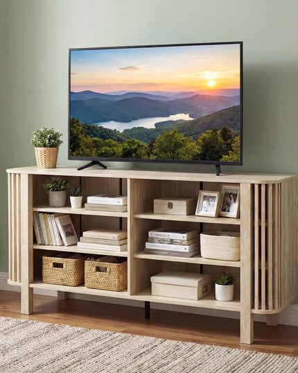 Giantex 59" TV Stand for TVs Up to 55 Inches with Adjustable Shelves & Unique Slatted Decoration