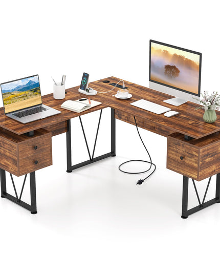 Giantex L Shaped Desk with Drawers, 59” Large Computer Desk with Power Outlet