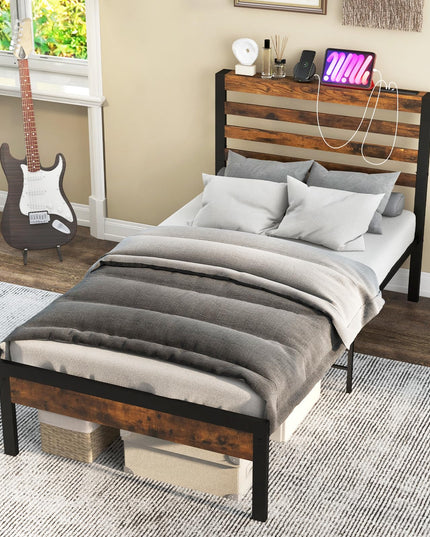 Giantex Queen Metal Platform Bed Frame with Wooden Headboard & Footboard, Rustic Brown
